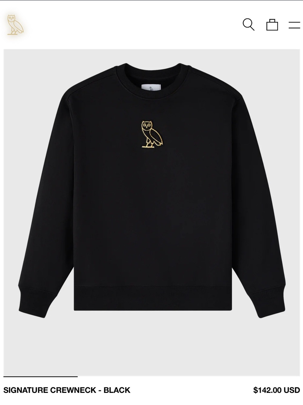 OVO Black Crewneck Sweatshirt with Gold Owl Embroidery